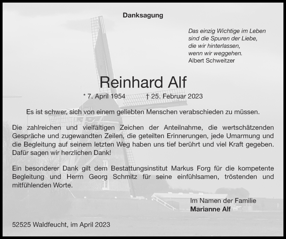  Traueranzeige für Reinhard Alf vom 16.04.2023 aus Zeitung am Sonntag