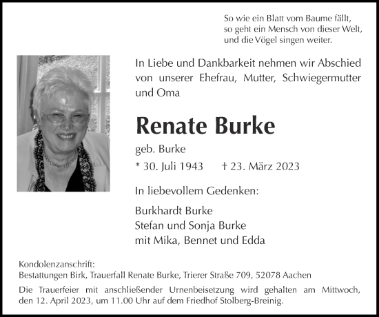 Traueranzeige von Renate Burke von Zeitung am Sonntag