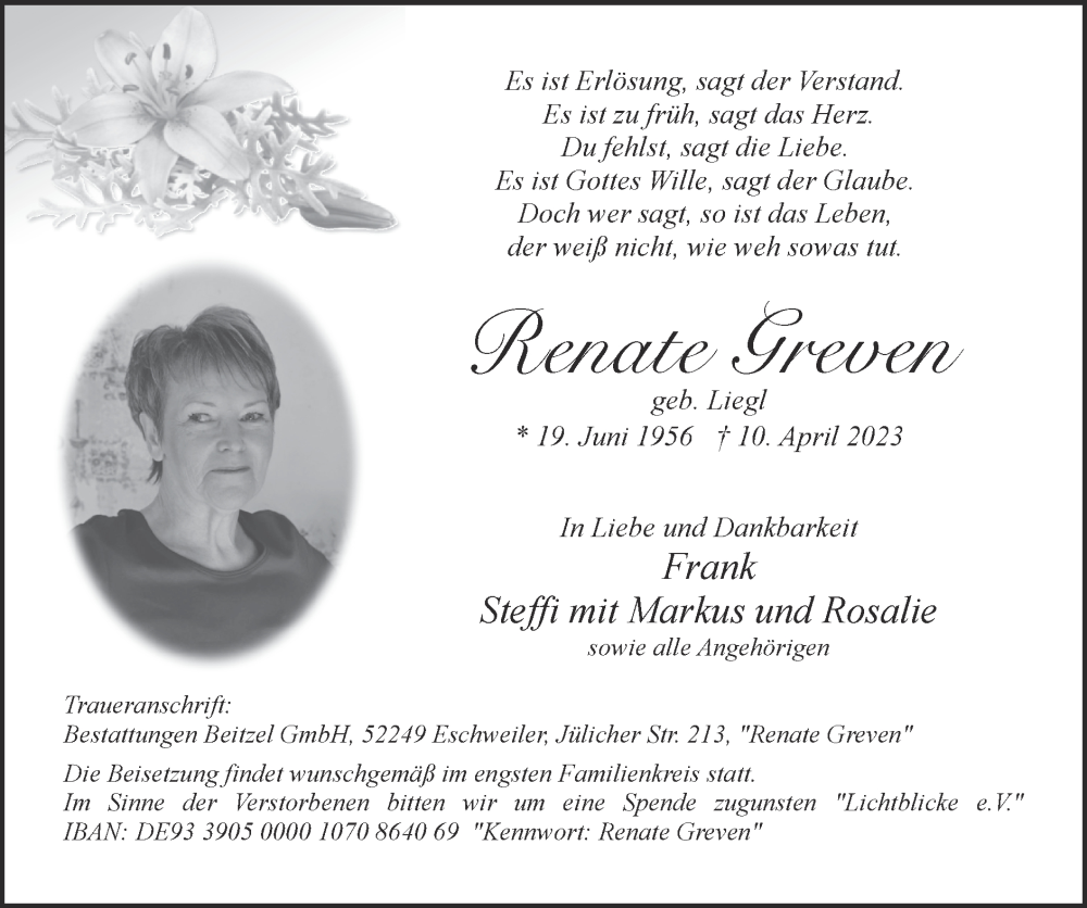  Traueranzeige für Renate Greven vom 23.04.2023 aus Zeitung am Sonntag