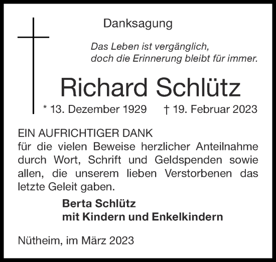 Traueranzeige von Richard Schlütz von Zeitung am Sonntag