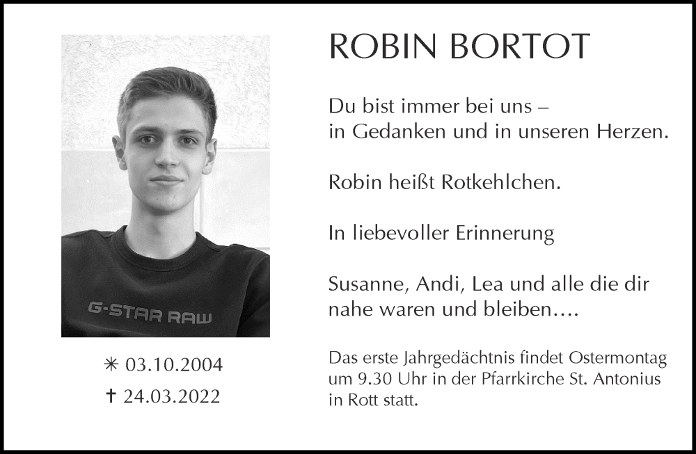  Traueranzeige für Robin Bortot vom 08.04.2023 aus Aachener Zeitung