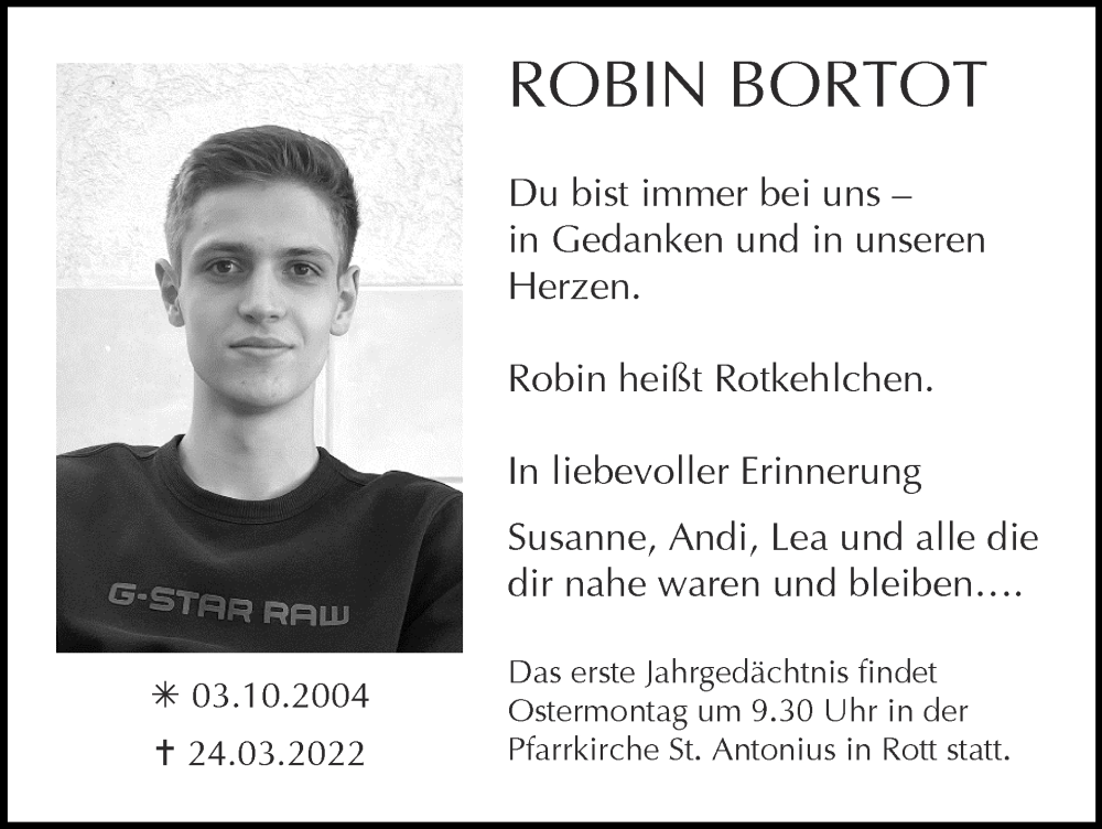  Traueranzeige für Robin Bortot vom 09.04.2023 aus Zeitung am Sonntag