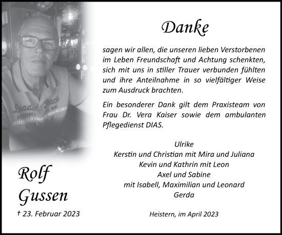 Traueranzeige von Rolf Gussen von Zeitung am Sonntag