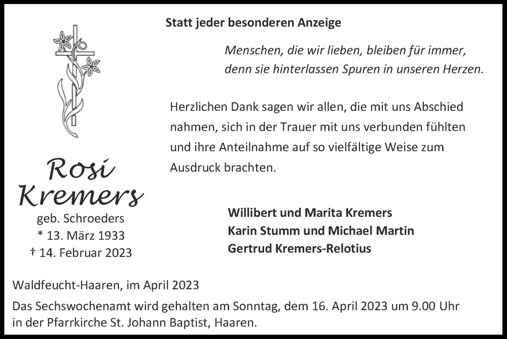  Traueranzeige für Rosi Kremers vom 02.04.2023 aus Zeitung am Sonntag