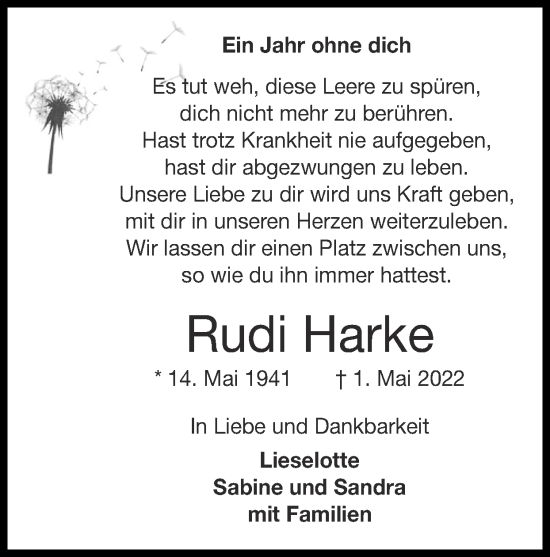 Traueranzeige von Rudi Harke von Zeitung am Sonntag