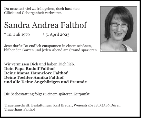 Traueranzeige von Sandra Andrea Falthof von Zeitung am Sonntag