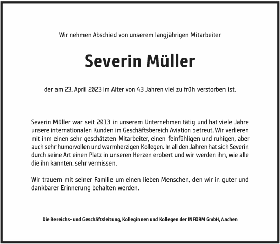 Traueranzeige von Severin Müller von Aachener Zeitung