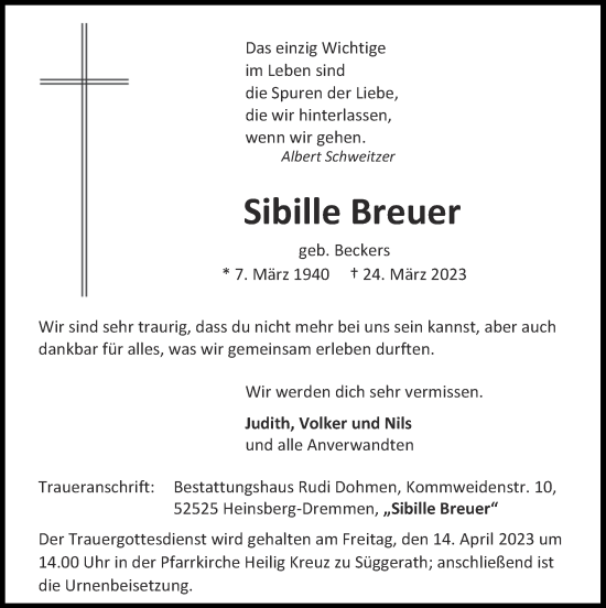 Traueranzeige von Sibille Breuer von Zeitung am Sonntag