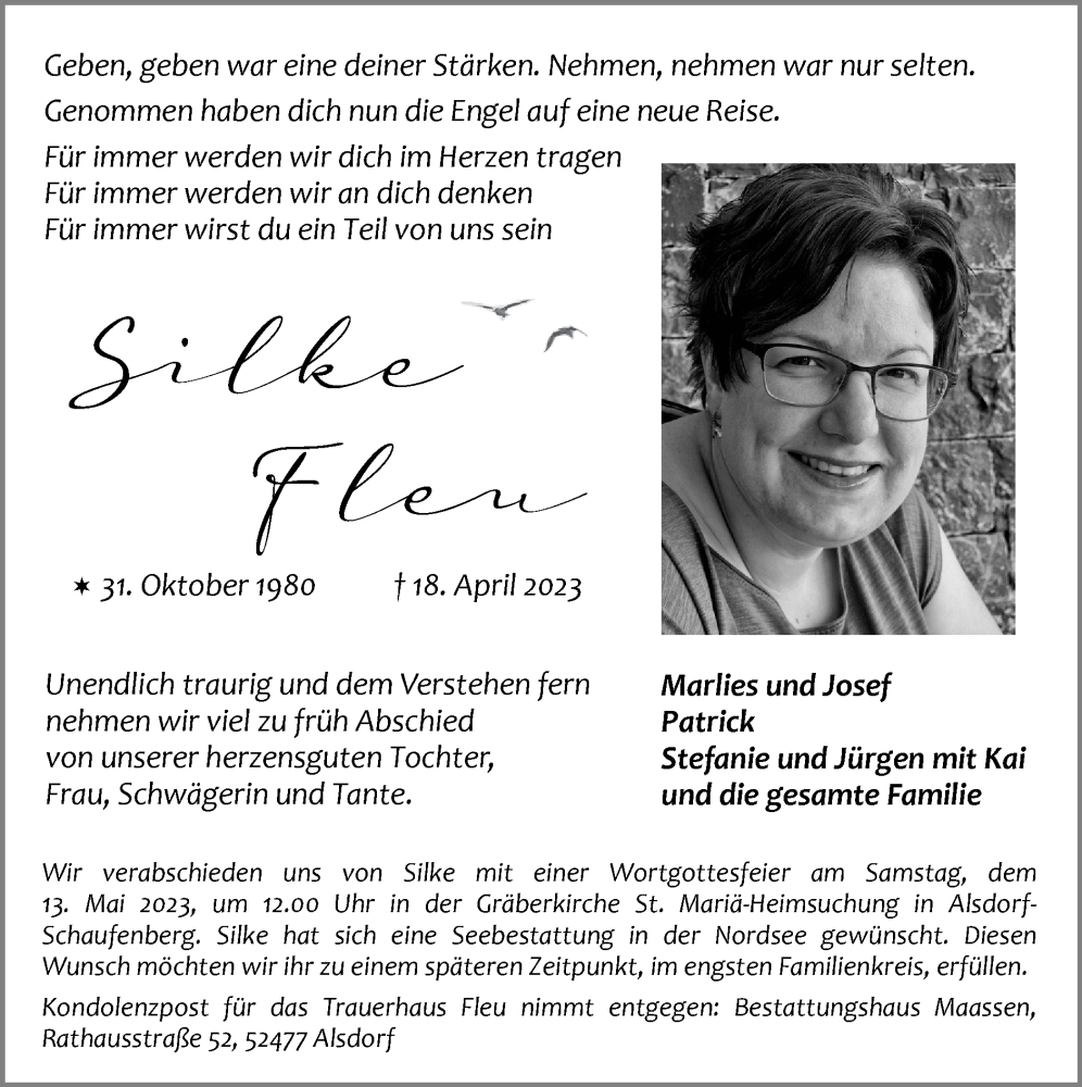  Traueranzeige für Silke Fleu vom 30.04.2023 aus Zeitung am Sonntag