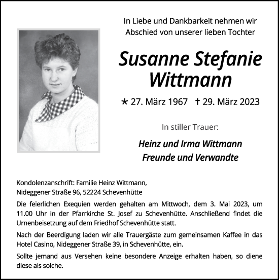 Traueranzeige von Susanne Stefanie Wittmann von Zeitung am Sonntag
