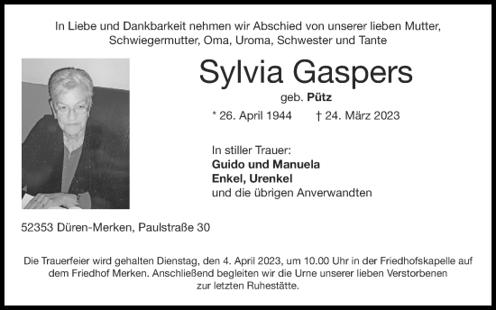 Traueranzeige von Sylvia Gaspers von Zeitung am Sonntag