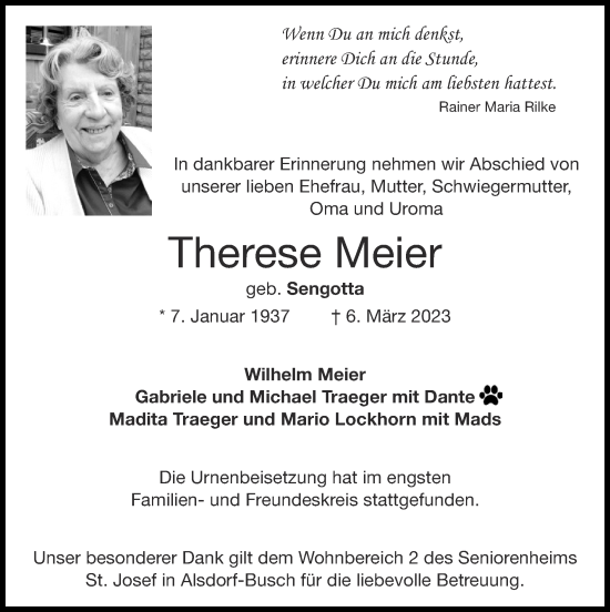 Traueranzeige von Therese Meier von Zeitung am Sonntag