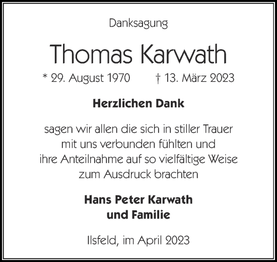 Traueranzeige von Thomas Karwath von Zeitung am Sonntag