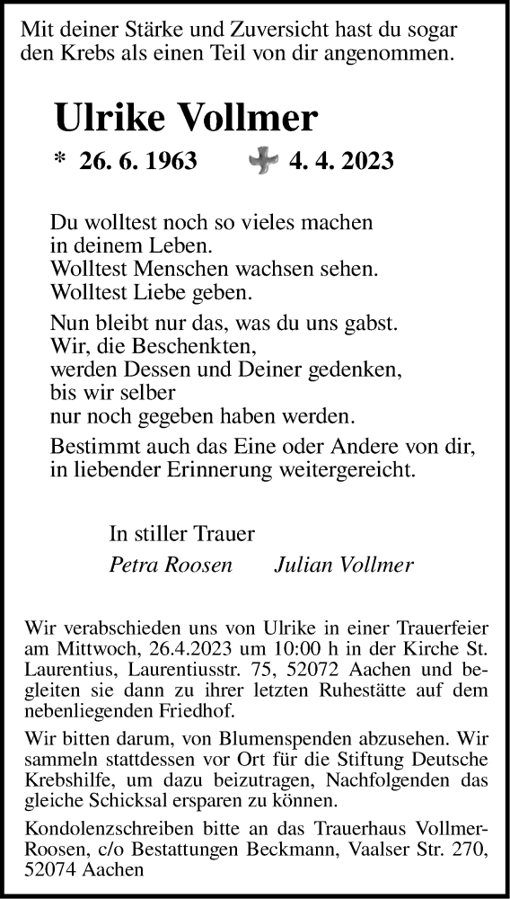  Traueranzeige für Ulrike Vollmer vom 15.04.2023 aus Aachener Zeitung