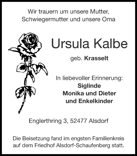 Traueranzeige von Ursula Kalbe von Zeitung am Sonntag