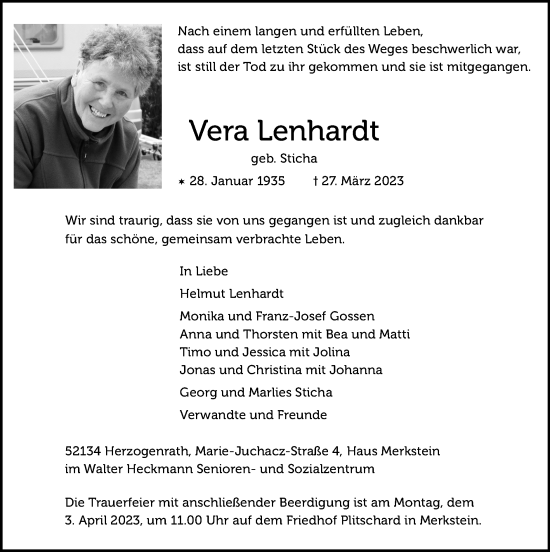 Traueranzeige von Vera Lenhardt von Zeitung am Sonntag