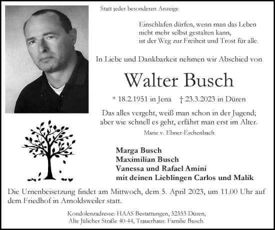 Traueranzeige von Walter Busch von Zeitung am Sonntag