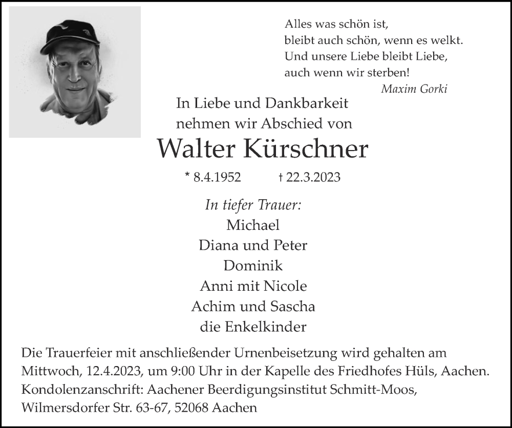  Traueranzeige für Walter Kürschner vom 02.04.2023 aus Zeitung am Sonntag