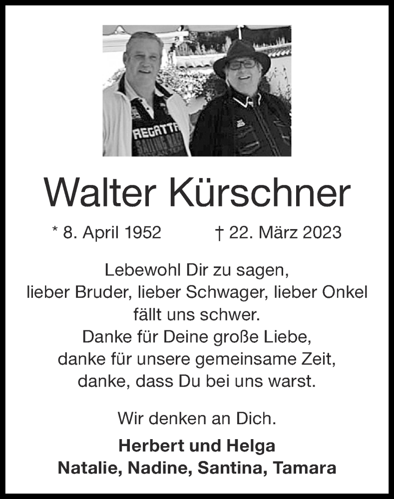  Traueranzeige für Walter Kürschner vom 02.04.2023 aus Zeitung am Sonntag