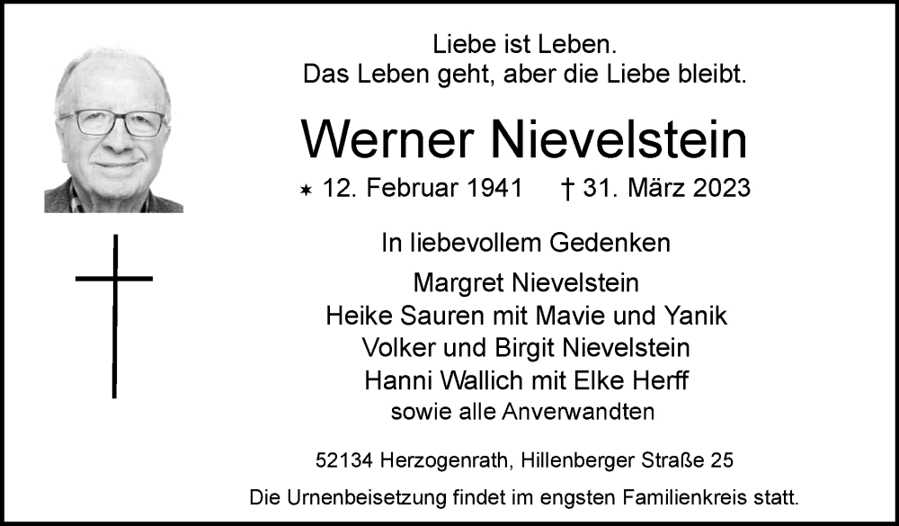  Traueranzeige für Werner Nievelstein vom 09.04.2023 aus Zeitung am Sonntag