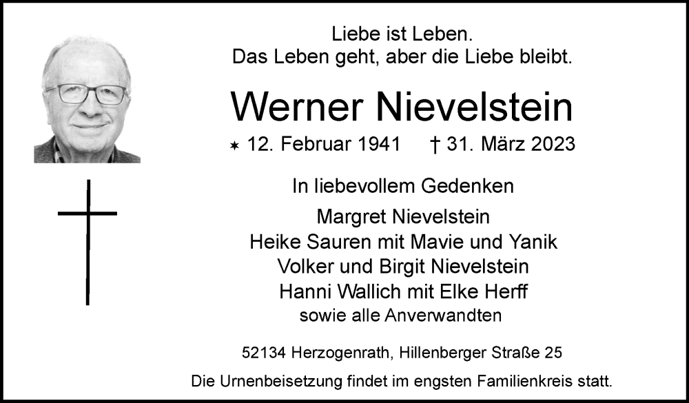  Traueranzeige für Werner Nievelstein vom 16.04.2023 aus Zeitung am Sonntag