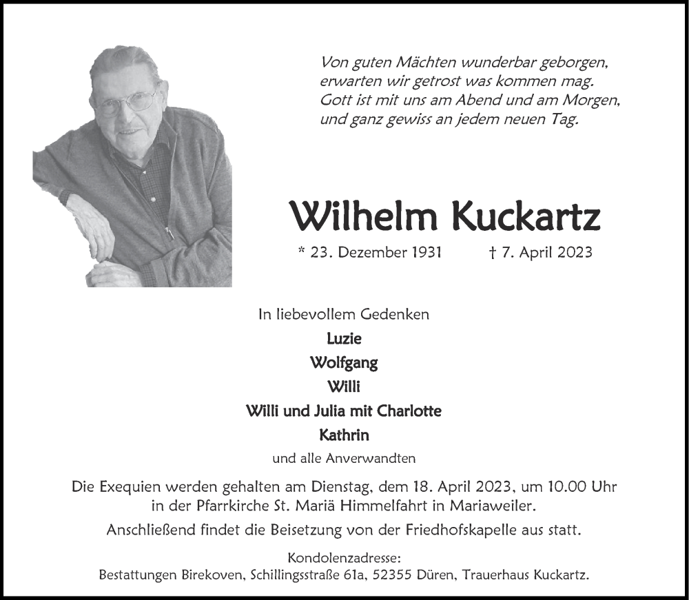  Traueranzeige für Wilhelm Kuckartz vom 15.04.2023 aus Aachener Zeitung