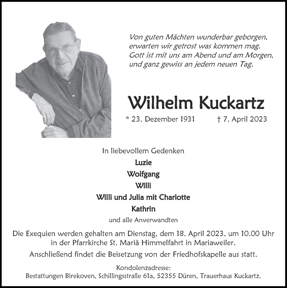  Traueranzeige für Wilhelm Kuckartz vom 16.04.2023 aus Zeitung am Sonntag