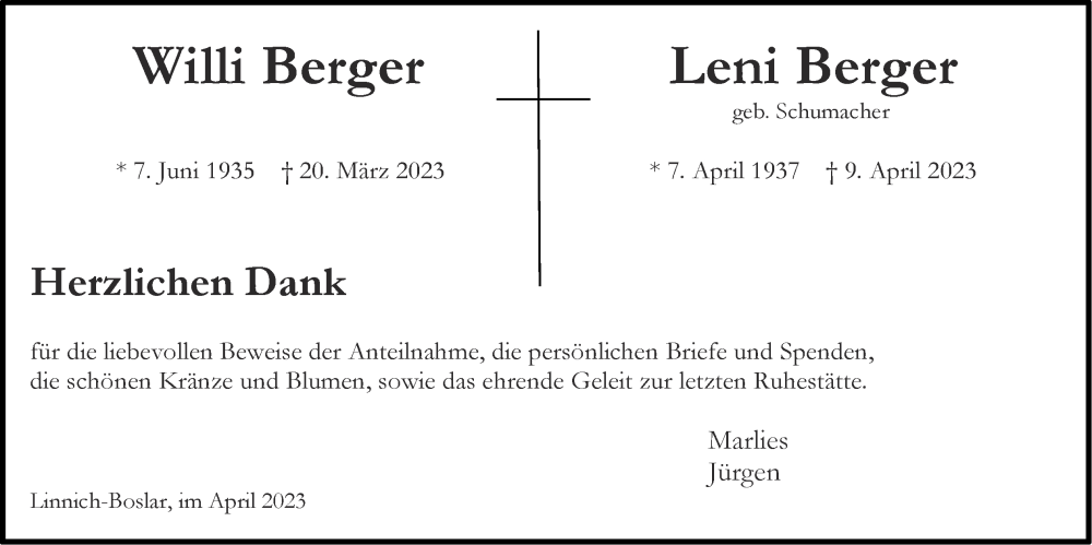  Traueranzeige für Willi Berger vom 30.04.2023 aus Zeitung am Sonntag
