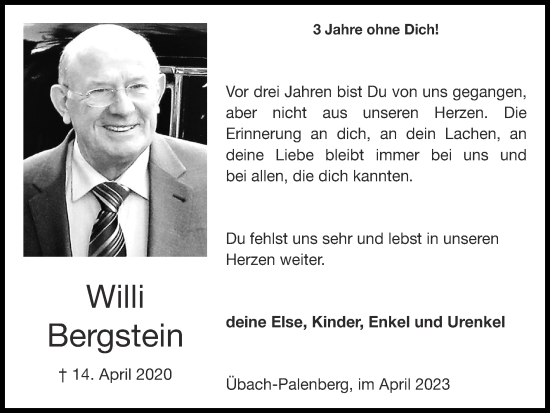 Traueranzeige von Willi Bergstein von Zeitung am Sonntag
