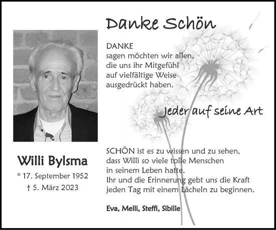 Traueranzeige von Willi Bylsma von Zeitung am Sonntag