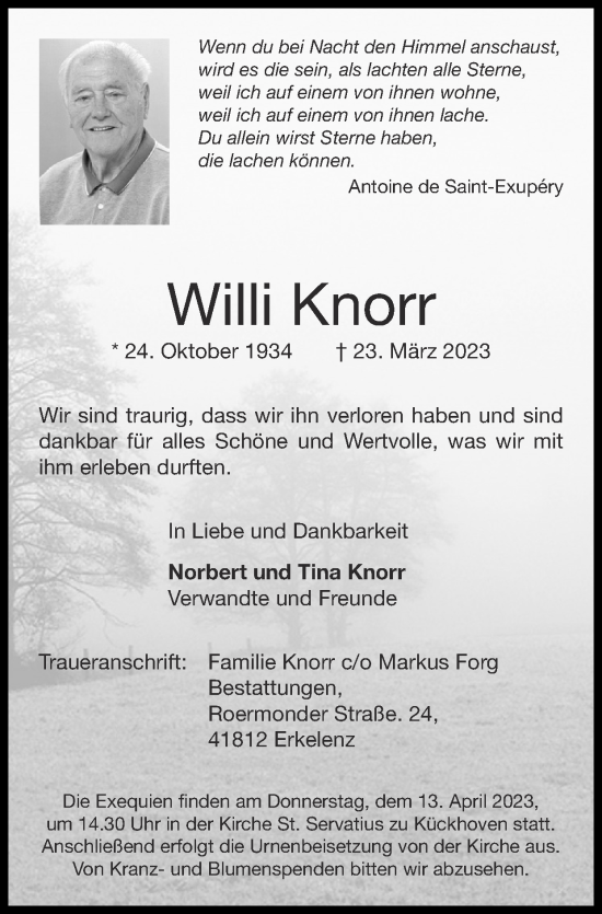 Traueranzeige von Willi Knorr von Zeitung am Sonntag
