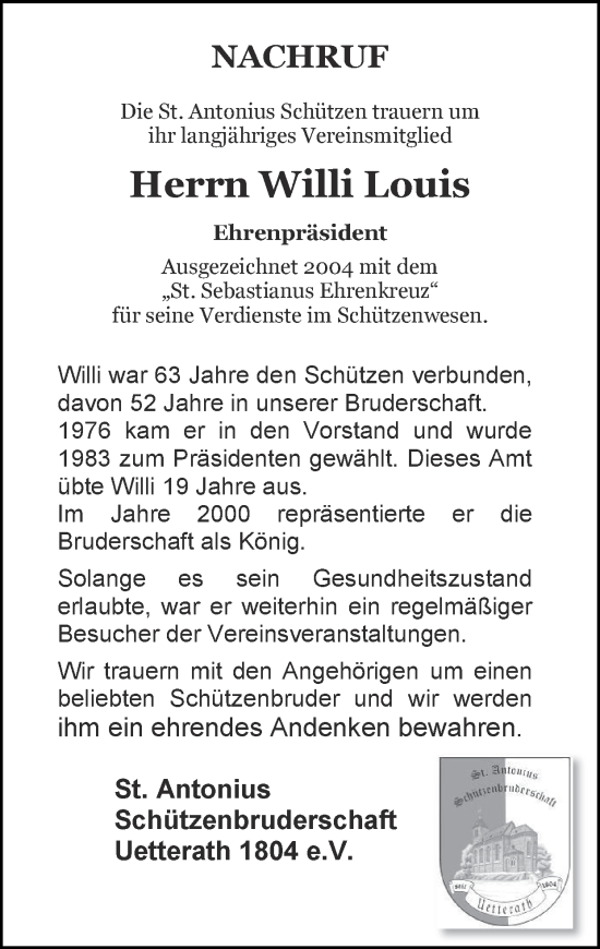 Traueranzeige von Willi Louis von Zeitung am Sonntag
