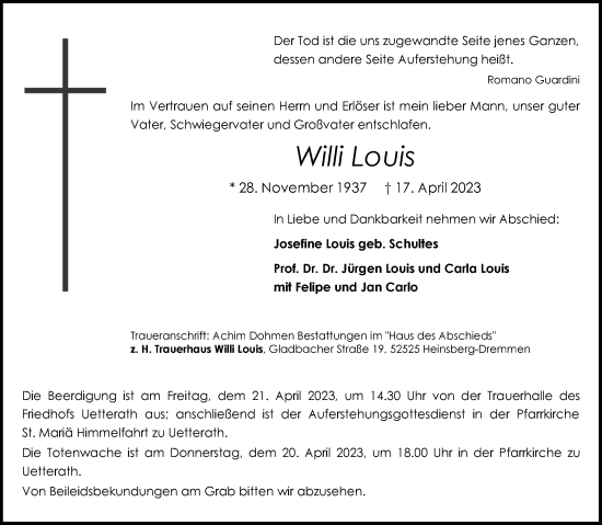 Traueranzeige von Willi Louis von Aachener Zeitung