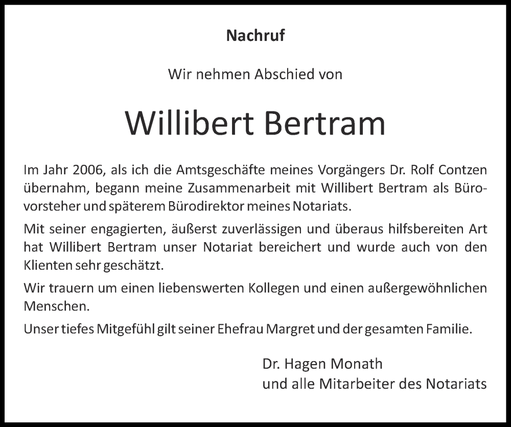  Traueranzeige für Willibert Bertram vom 02.04.2023 aus Zeitung am Sonntag