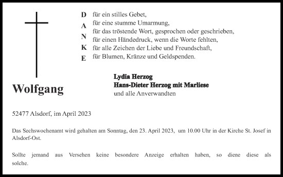 Traueranzeige von Wolfgang  von Zeitung am Sonntag