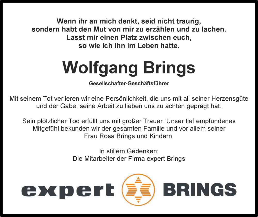  Traueranzeige für Wolfgang Brings vom 02.04.2023 aus Zeitung am Sonntag
