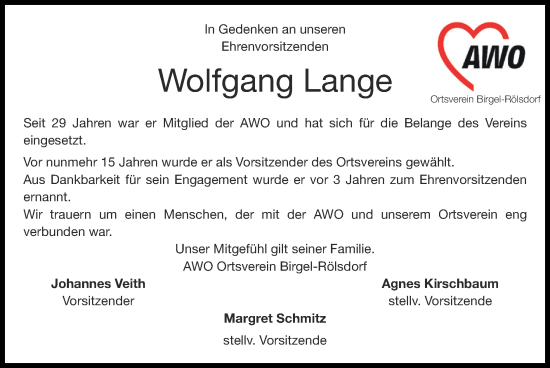 Traueranzeige von Wolfgang Lange von Zeitung am Sonntag