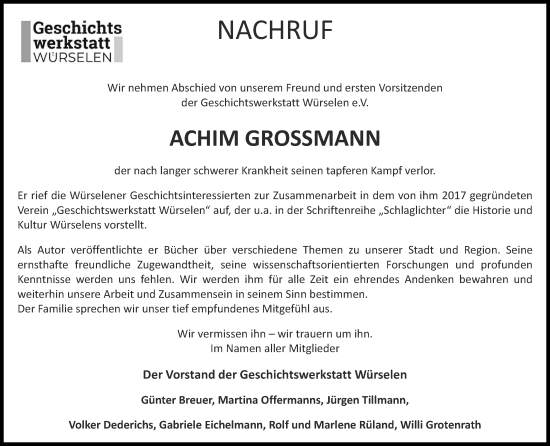 Traueranzeige von Achim Grossmann von Zeitung am Sonntag