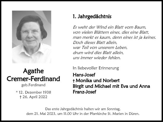 Traueranzeige von Agathe Cremer-Ferdinand von Zeitung am Sonntag