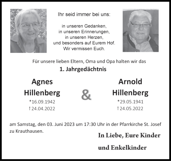 Traueranzeige von Agnes Hillenberg von Zeitung am Sonntag