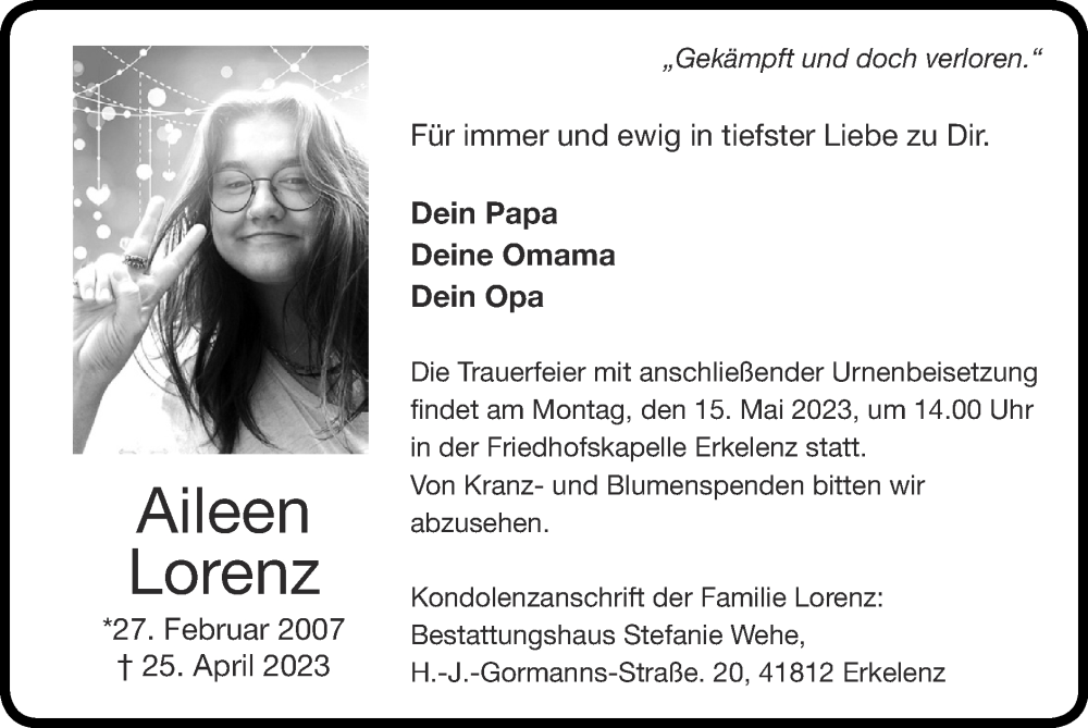  Traueranzeige für Aileen Lorenz vom 07.05.2023 aus Zeitung am Sonntag
