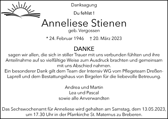 Traueranzeige von Anneliese Stienen von Zeitung am Sonntag