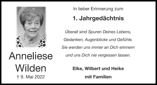 Traueranzeige von Anneliese Wilden von Zeitung am Sonntag