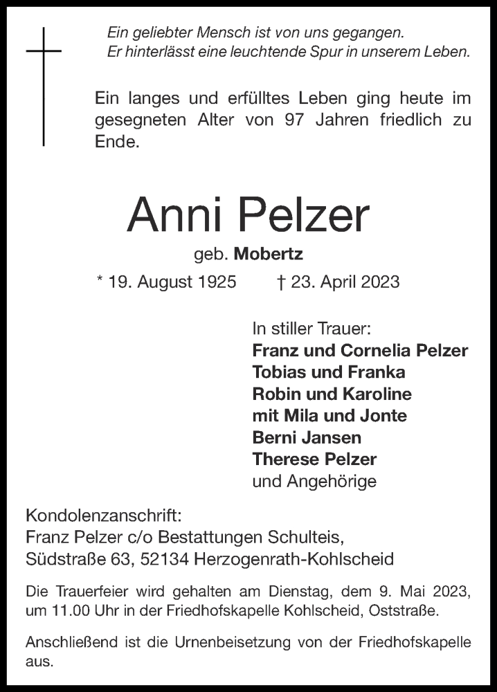  Traueranzeige für Anni Pelzer vom 07.05.2023 aus Zeitung am Sonntag
