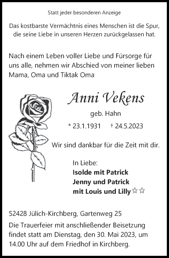 Traueranzeige von Anni Vekens von Zeitung am Sonntag