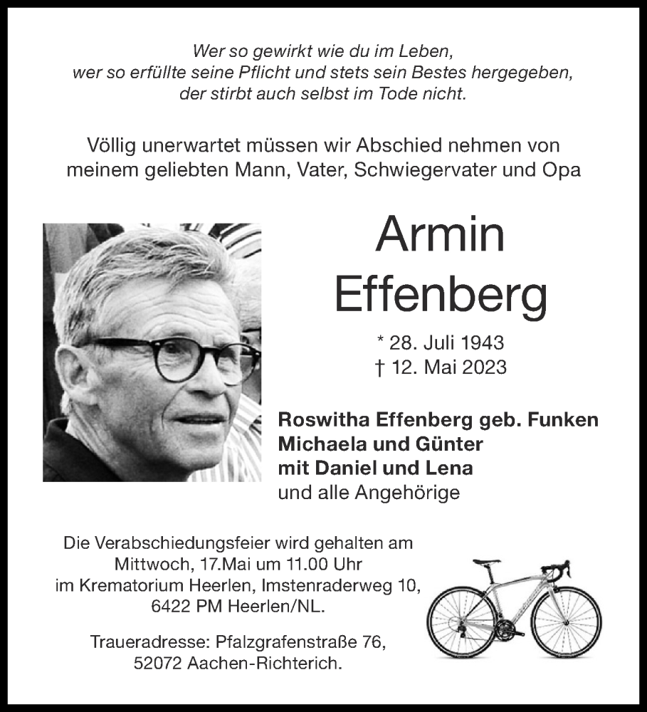  Traueranzeige für Armin Effenberg vom 15.05.2023 aus Aachener Zeitung