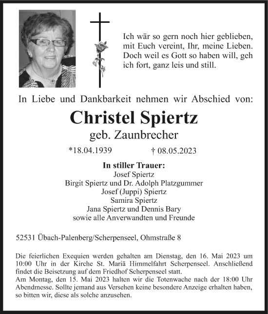 Traueranzeige von Christel Spiertz von Zeitung am Sonntag