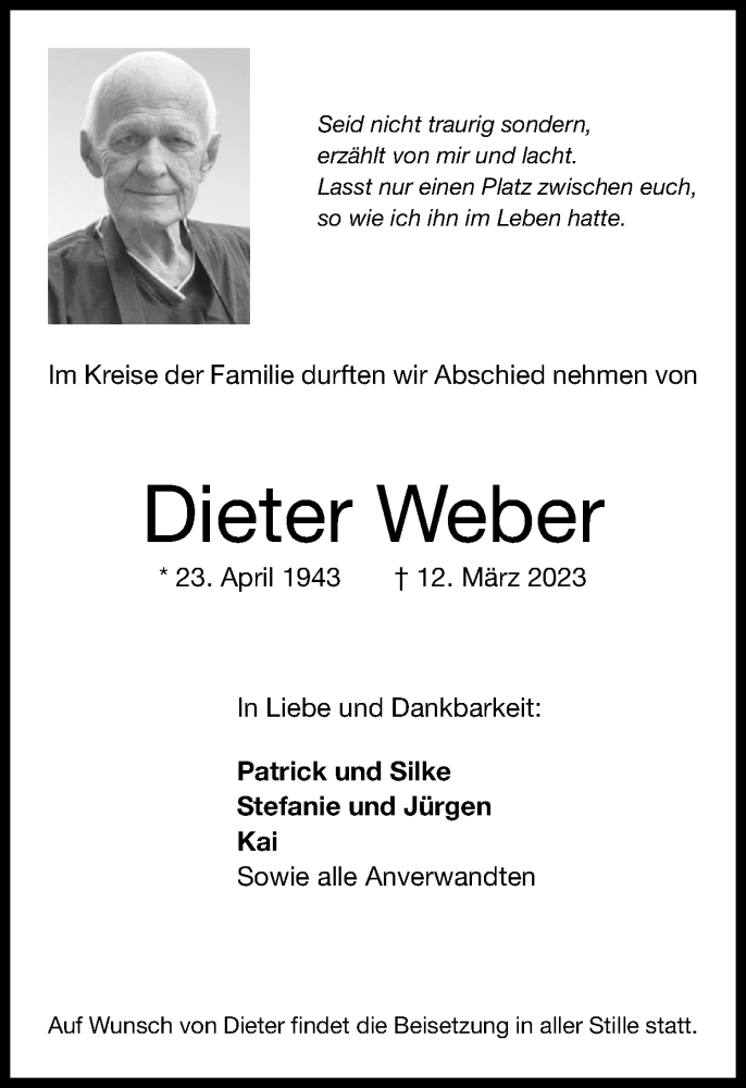  Traueranzeige für Dieter Weber vom 19.03.2023 aus Zeitung am Sonntag
