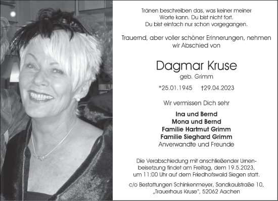 Traueranzeige von Dagmar Kruse von Aachener Zeitung