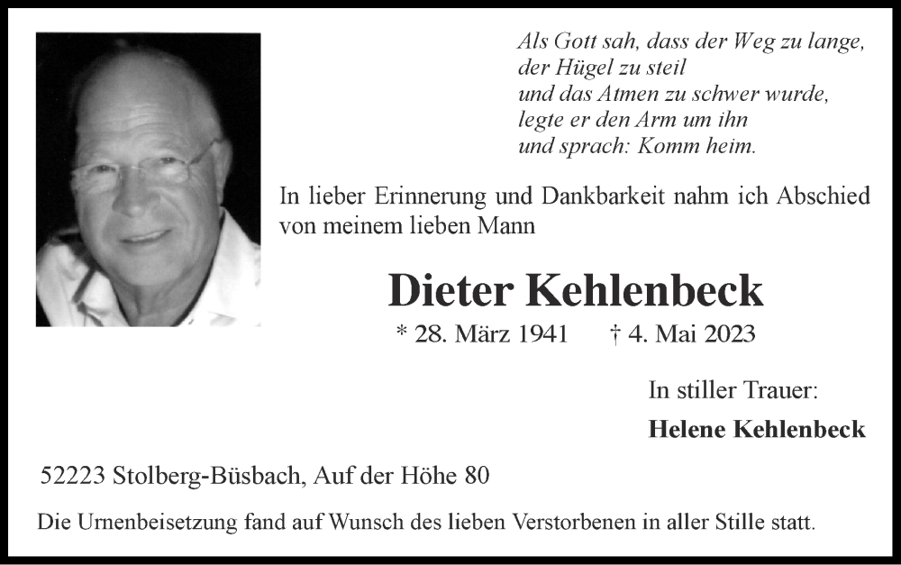  Traueranzeige für Dieter Kehlenbeck vom 21.05.2023 aus Zeitung am Sonntag